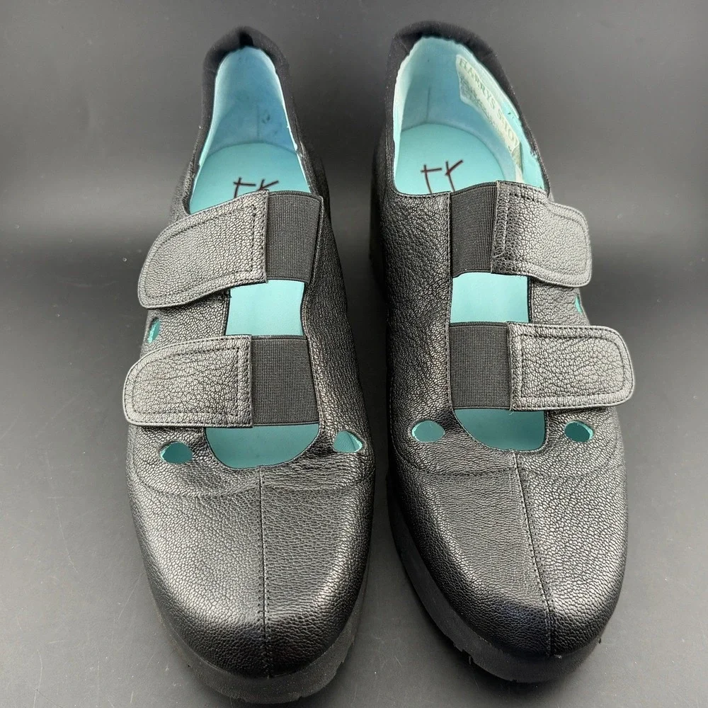 Thierry Rabotin Daisy Wedge Shoes-Black Leather, Made in Italy, Womens 6.5/37